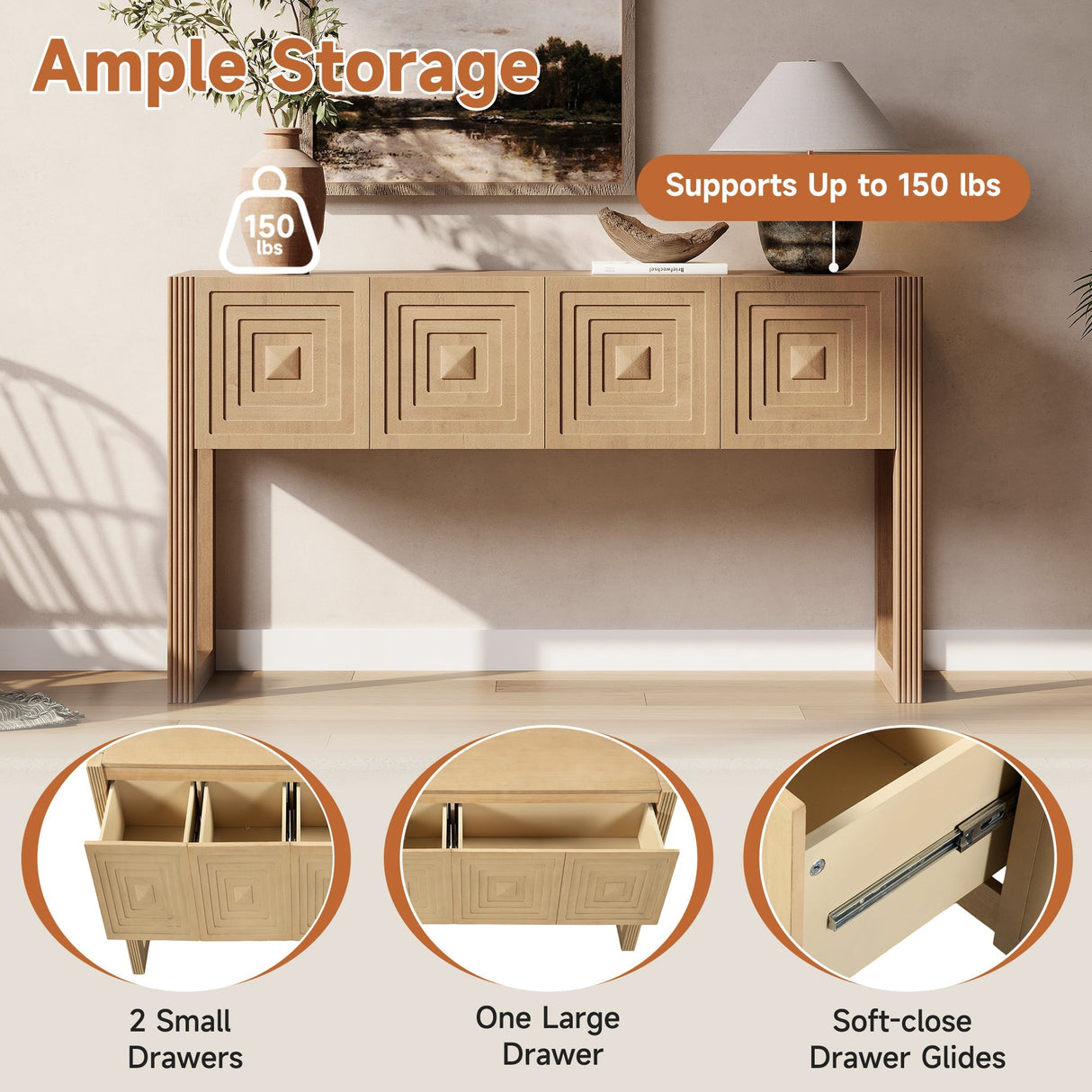 Geometric Carved Console Table with Soft-Close Drawers