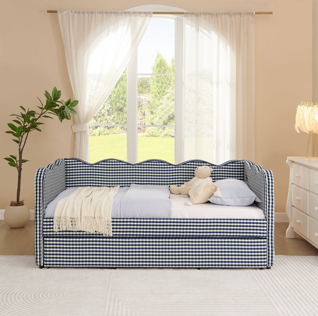 Cozy Gingham Daybed with Trundle Twin Size Sofa Bed