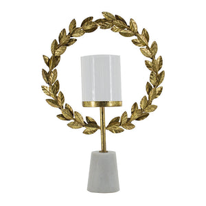 Iron Floral Hurricane Table Lamp with Marble Base - Gold & White