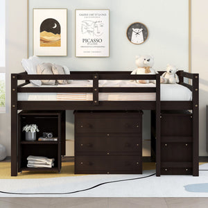 Loft Low Study Bed With Cabinet, Shelves And Rolling Portable Desk, Multiple Functions