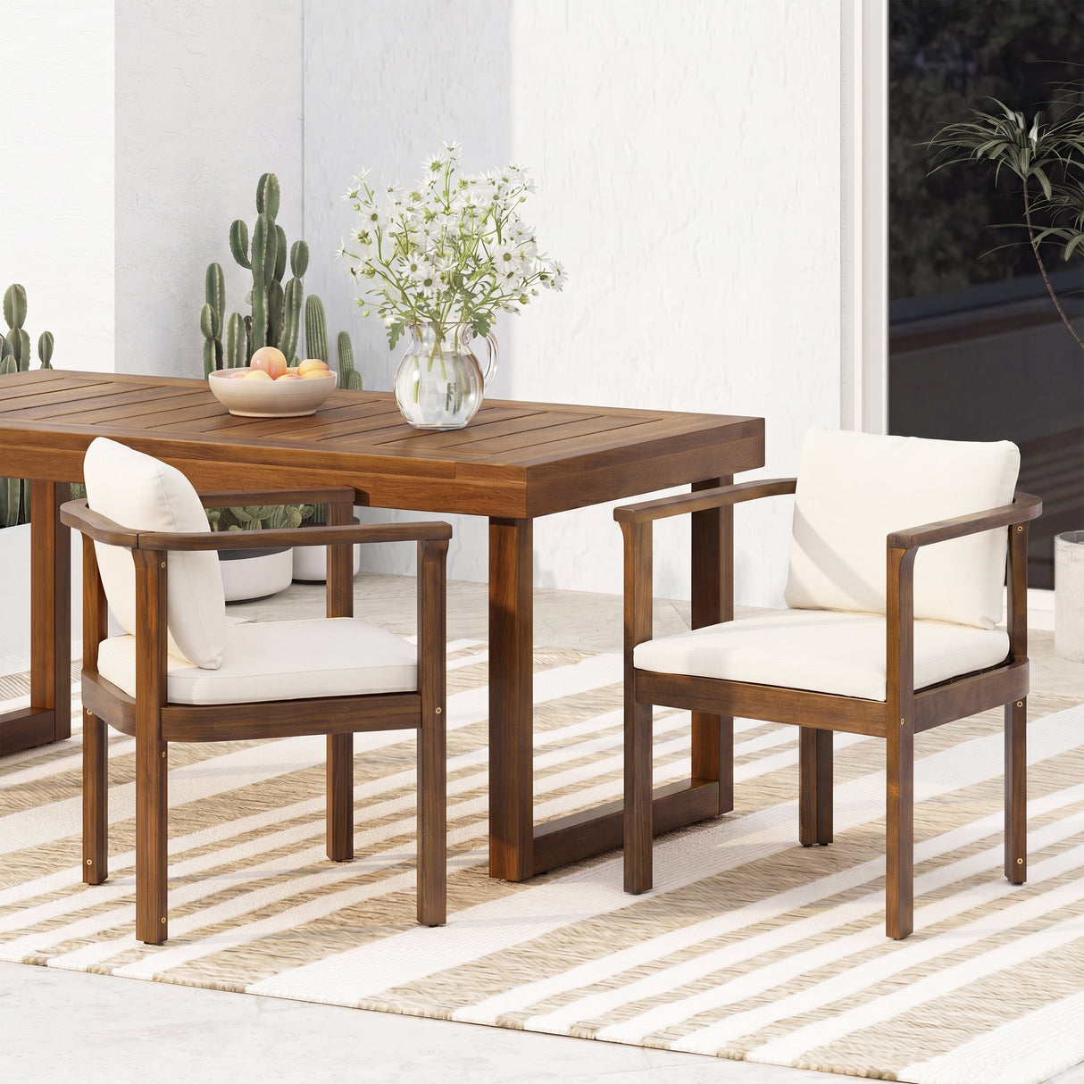 Outdoor Dining Chair Set of 2 with Curved Acacia Wood Arms