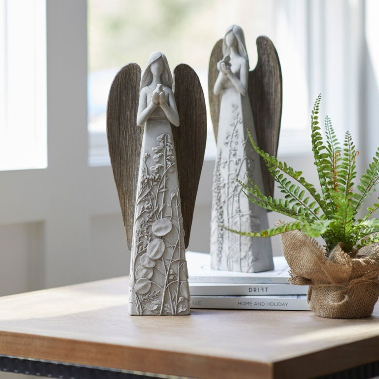 Floral Sculpted Angel with Wood Style Wings (Set of 2)