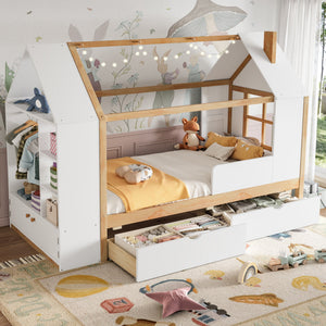 Twin Size House Platform Bed with Drawers, Solid Wood House Bed with Shelves