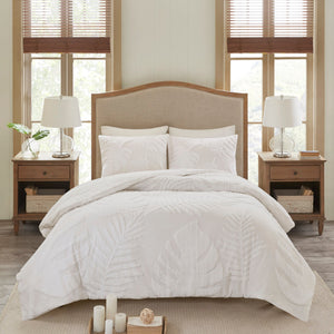 3 Piece Tufted Cotton Chenille Palm Comforter Set Off-White Full/Queen