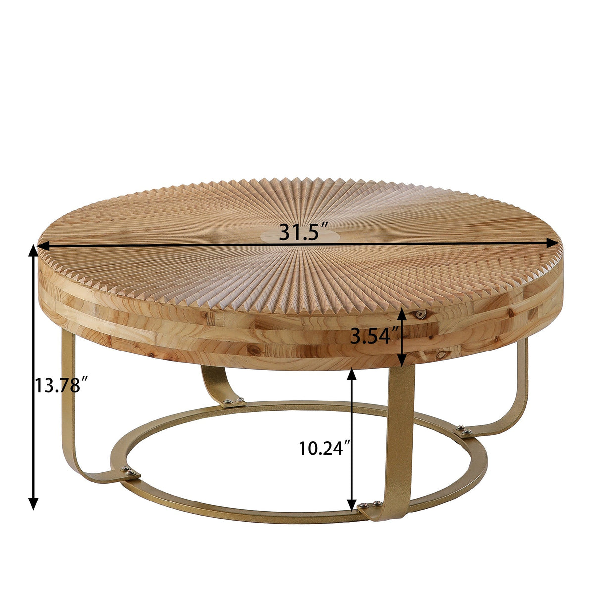 Modern Round Coffee Table with Wooden Carving Pattern and Metal Legs in Golden Natural Finish, Pine and MDF Construction