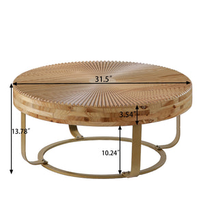 Modern Round Coffee Table with Wooden Carving Pattern and Metal Legs in Golden Natural Finish, Pine and MDF Construction