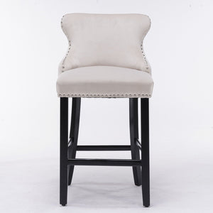 Contemporary Upholstered Wing-Back Barstools With Button Tufted Decoration And Wooden Legs, And Nailhead Trim, Leisure Style Bar Chairs, Bar Stools (Set of 2)