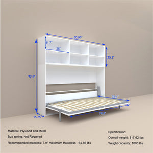 Mordern Design Twin Size Horizontal Murphy Bed With Shelf Storage For Bedroom Or Guestroom Wall Bed Space Saving Hidden Bed With New Style Gas Struts - White
