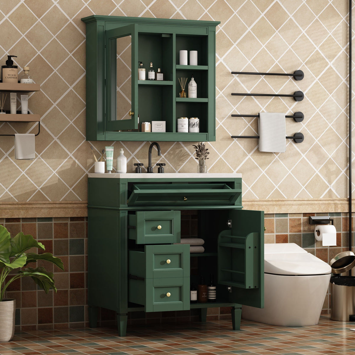 Bathroom Vanity With Medicine Cabinet, Royal Mirror Cabinet, Modern Bathroom Storage Cabinet With 2 Soft Closing Doors And 4 Drawers