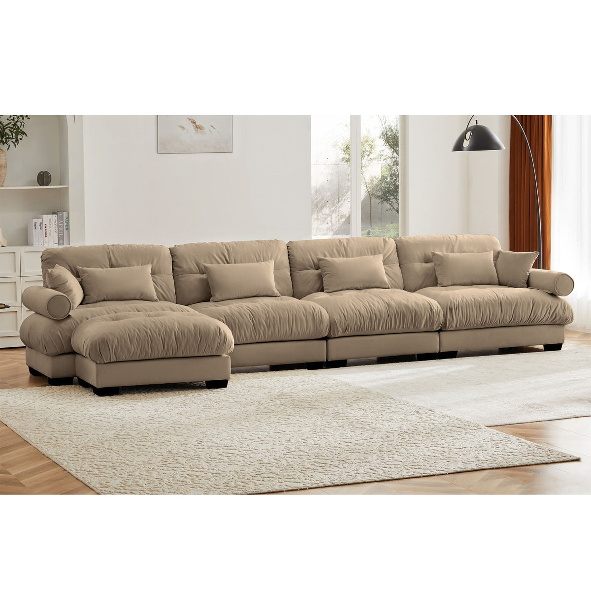 Modern Sectional Sofa With Ottoman, Round Bolster Armrests, Waist And Throw Pillows