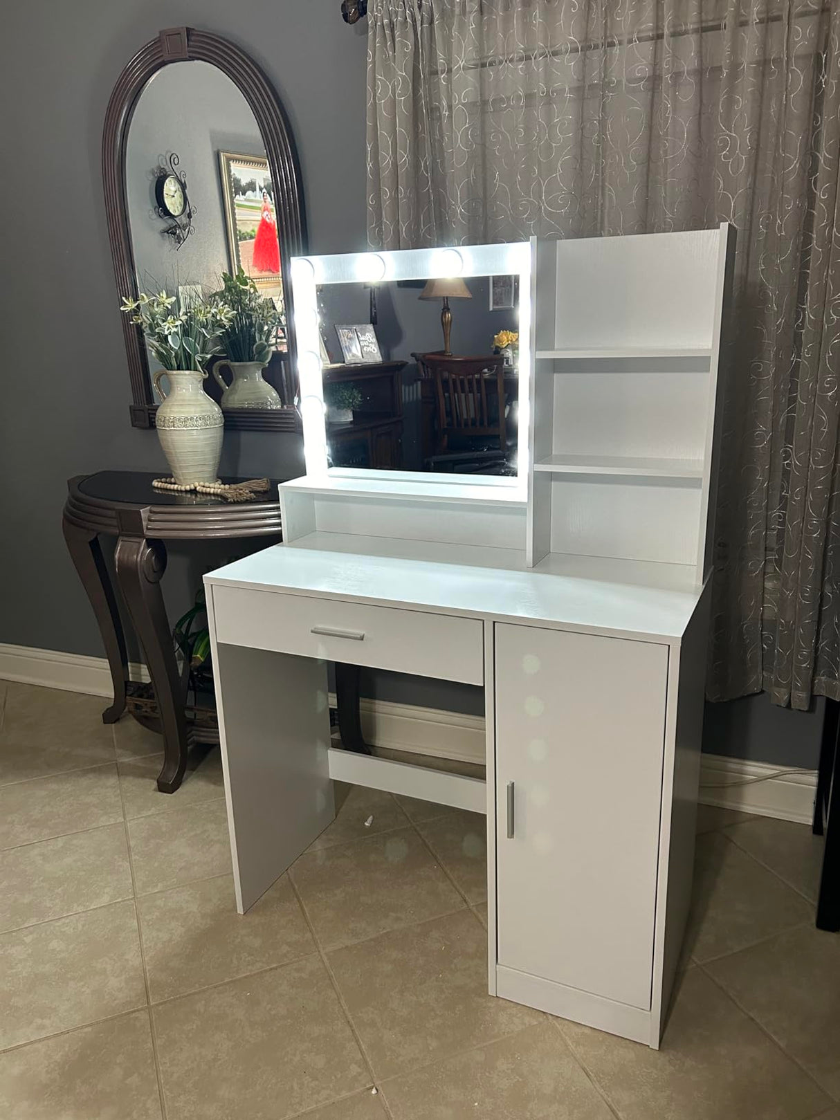 Pink Vanity Desk with Mirror & Light