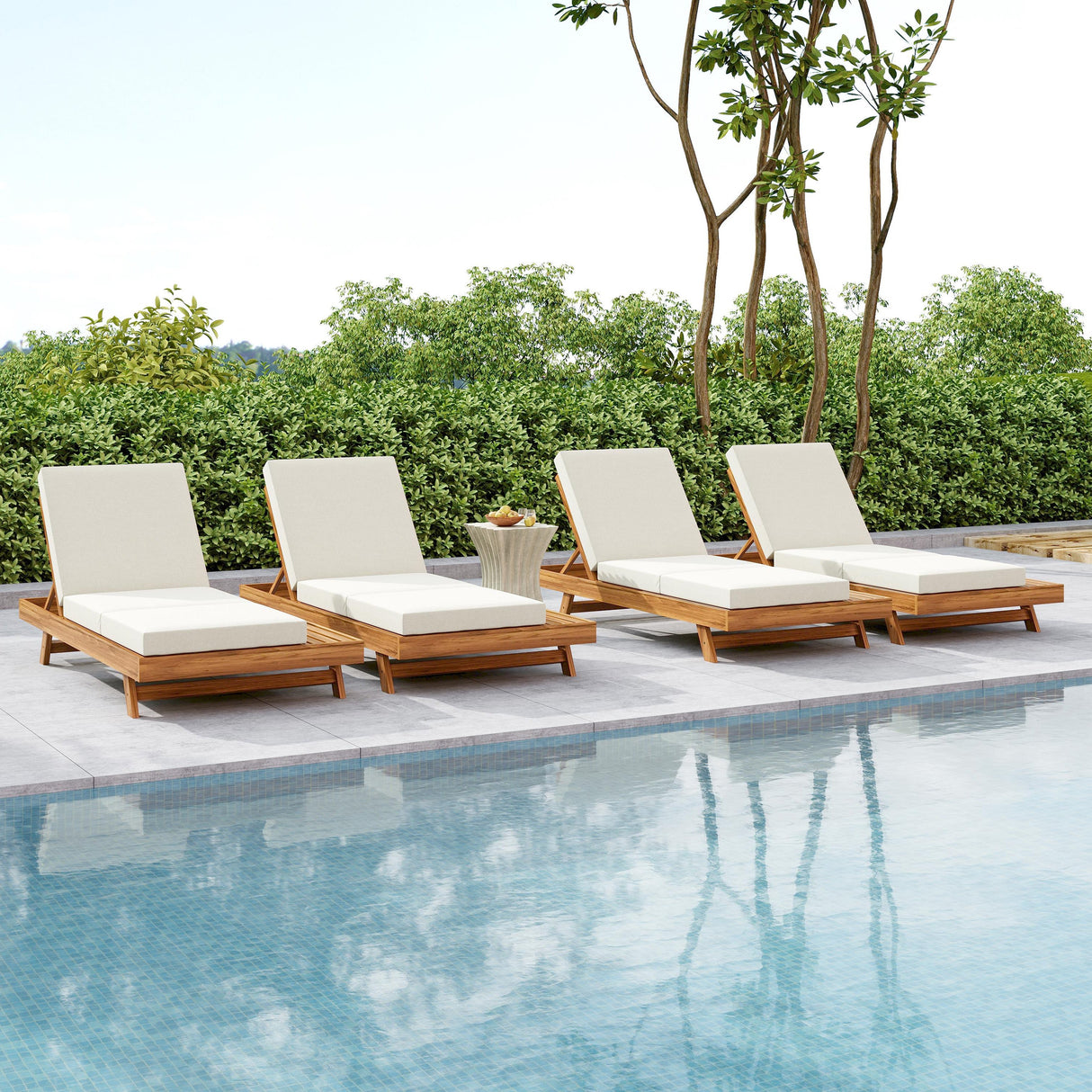 Lounge Chaise Set with Acacia Solid Wood and Cream Cushion