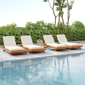 Lounge Chaise Set with Acacia Solid Wood and Cream Cushion