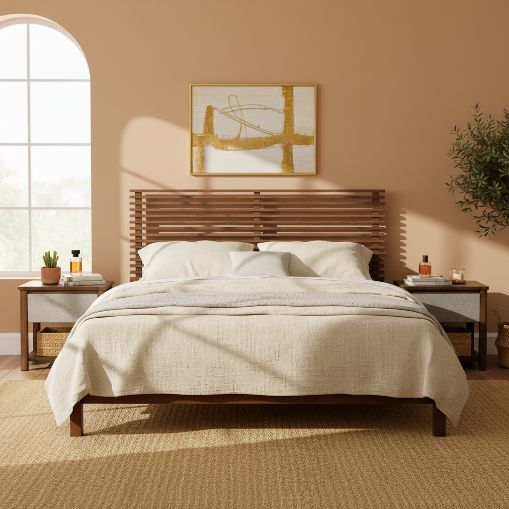 Premium Solid Wood King Size Bed Frame with Headboard - Walnut Color