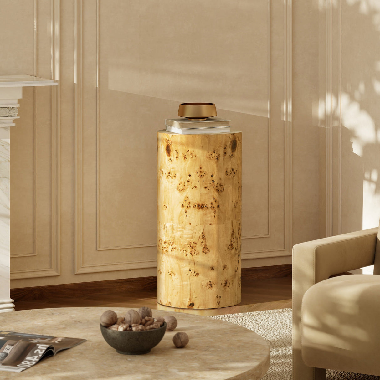 Nebula 29.5' Burl Accent Pillar Side Table, Warm Natural Brown Burl Wood