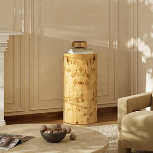 Nebula 29.5' Burl Accent Pillar Side Table, Warm Natural Brown Burl Wood