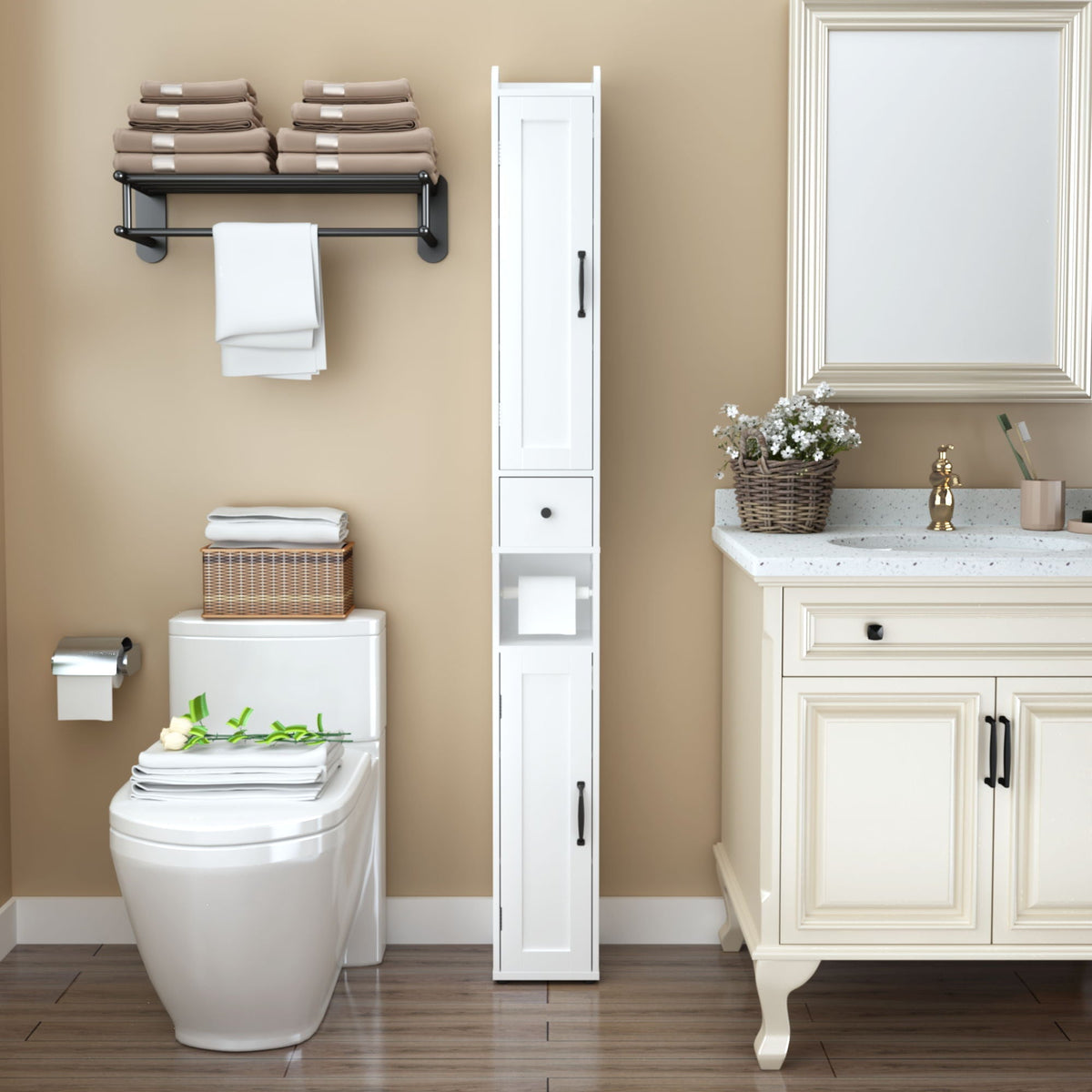 Slim Tall Bathroom Storage Cabinet With Adjustable Shelves, 2 Doors Freestanding Cabinet - White