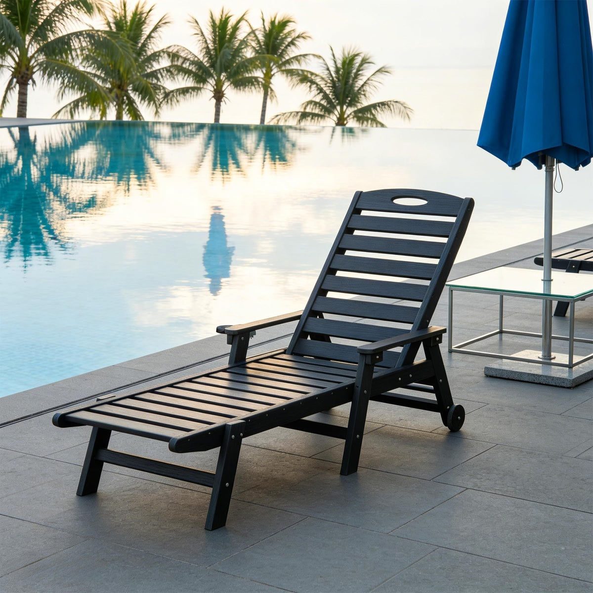 Patio Lounge Chair Outdoor, HDPE Outdoor Chaise Lounge with Reclining Backrest, Pool Lounger Chair for Outside, Poolside, Sunbathing Tanning, Black