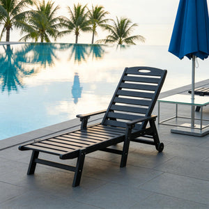 Patio Lounge Chair Outdoor, HDPE Outdoor Chaise Lounge with Reclining Backrest, Pool Lounger Chair for Outside, Poolside, Sunbathing Tanning, Black