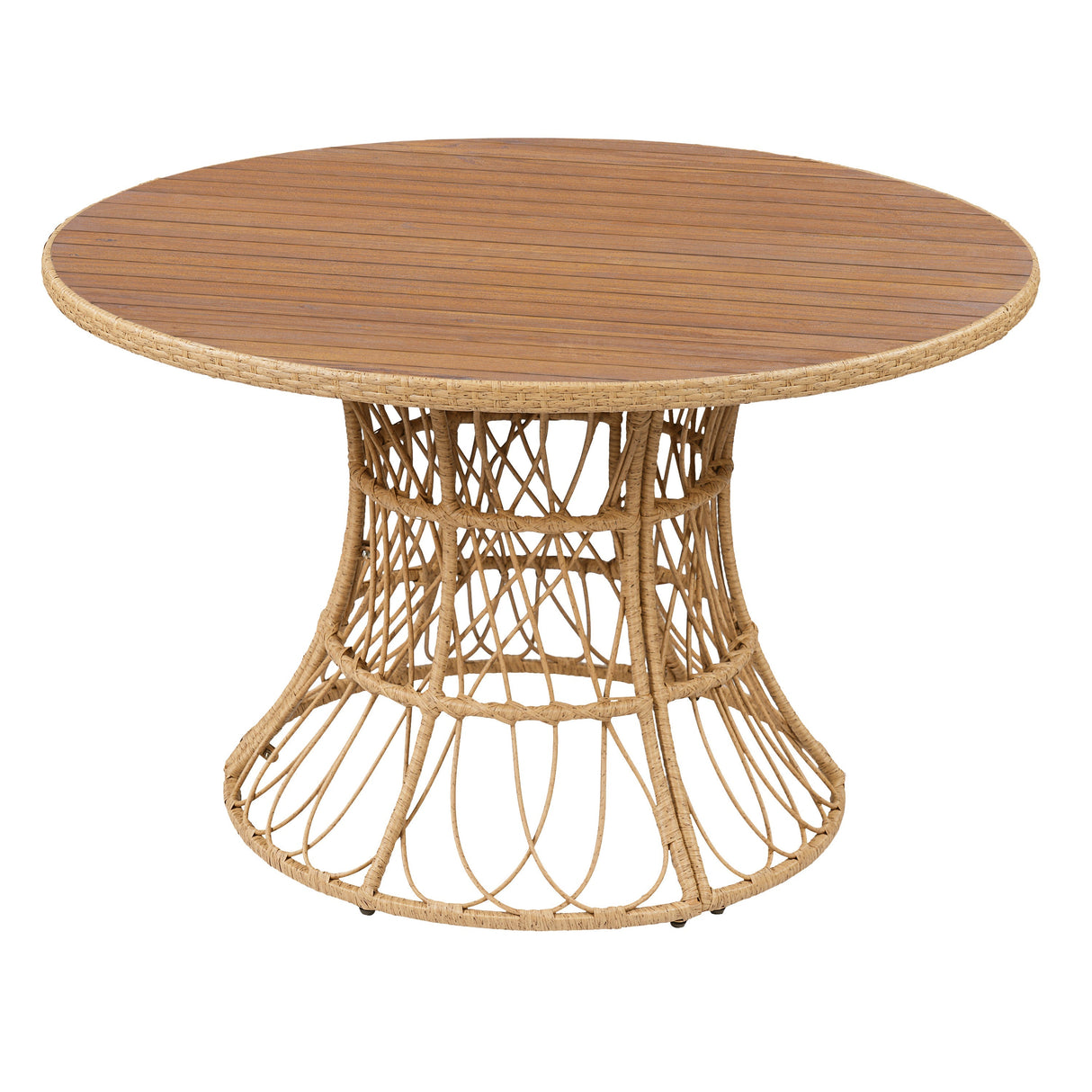 5-Piece Outdoor Dining Set: Teak Finish Round Acacia Wood Table & 4 Teak Finish Wicker Armchairs