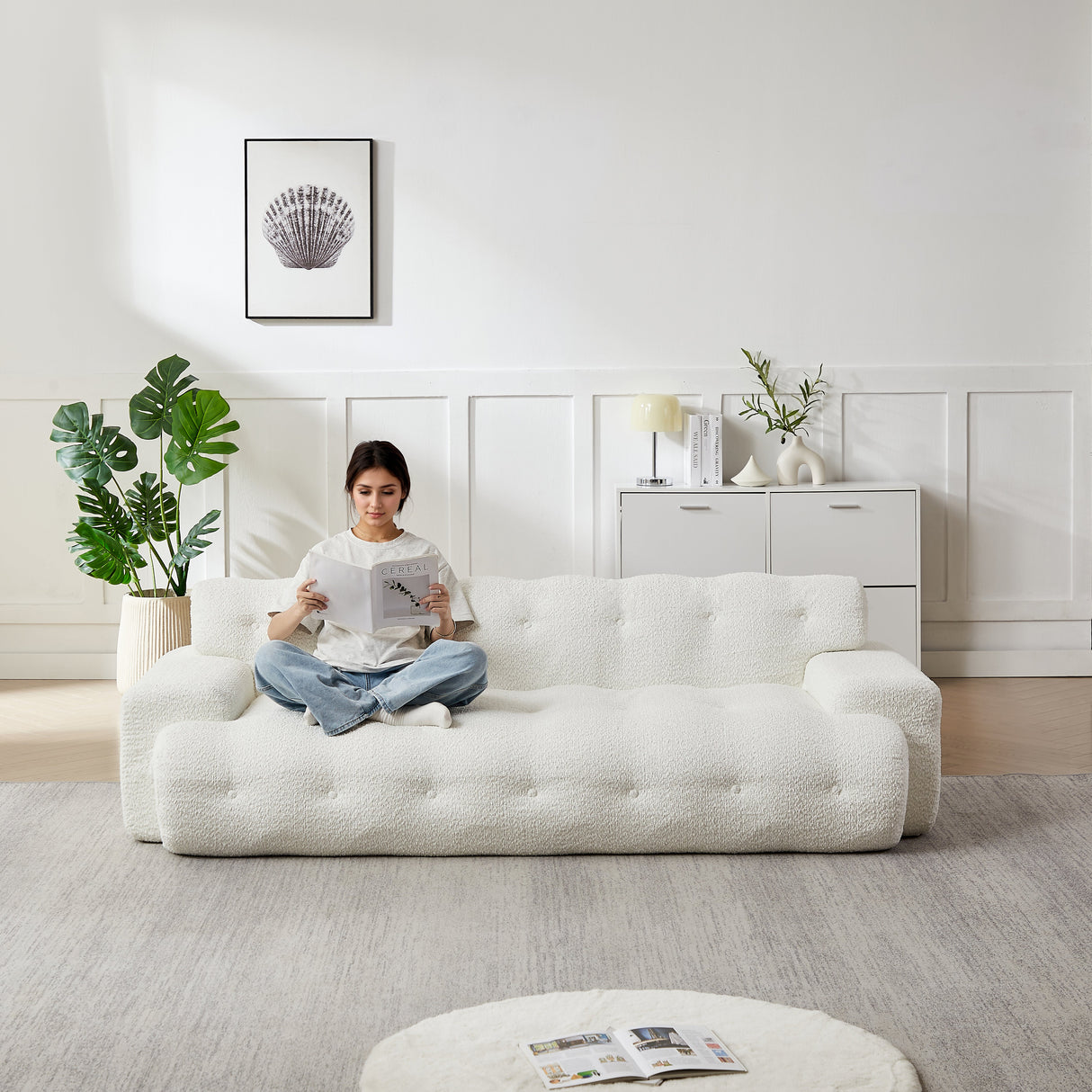87.4-Inch Cloud Series Minimalist Button-Tufted Square Arm Three-Seater Sofa