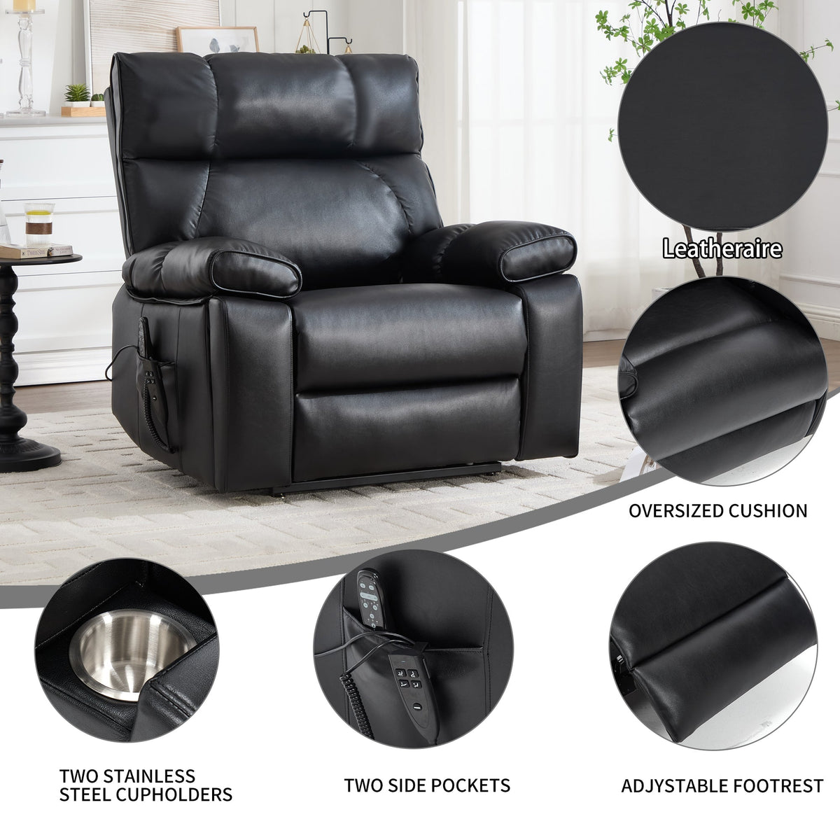 Black Leatheraire Heat Massage Recliner with Lumbar Heat - Black
