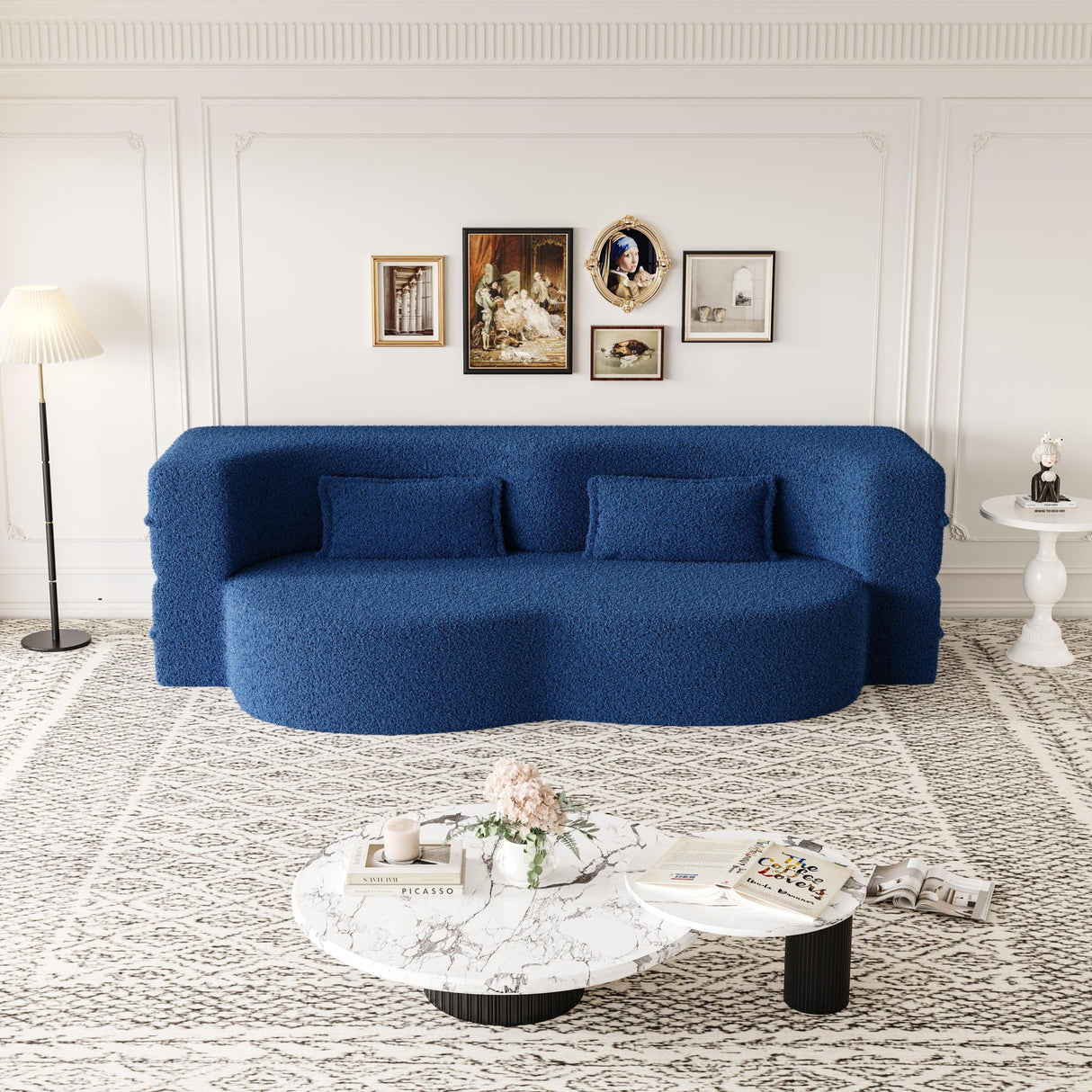 Modern Floor Sofa with 2 Pillows, Convertible Teddy Fabric Foam Filled Bed
