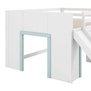 Modern Low Loft Bed With Slide, 3 Storage Drawers, And 2 Doors