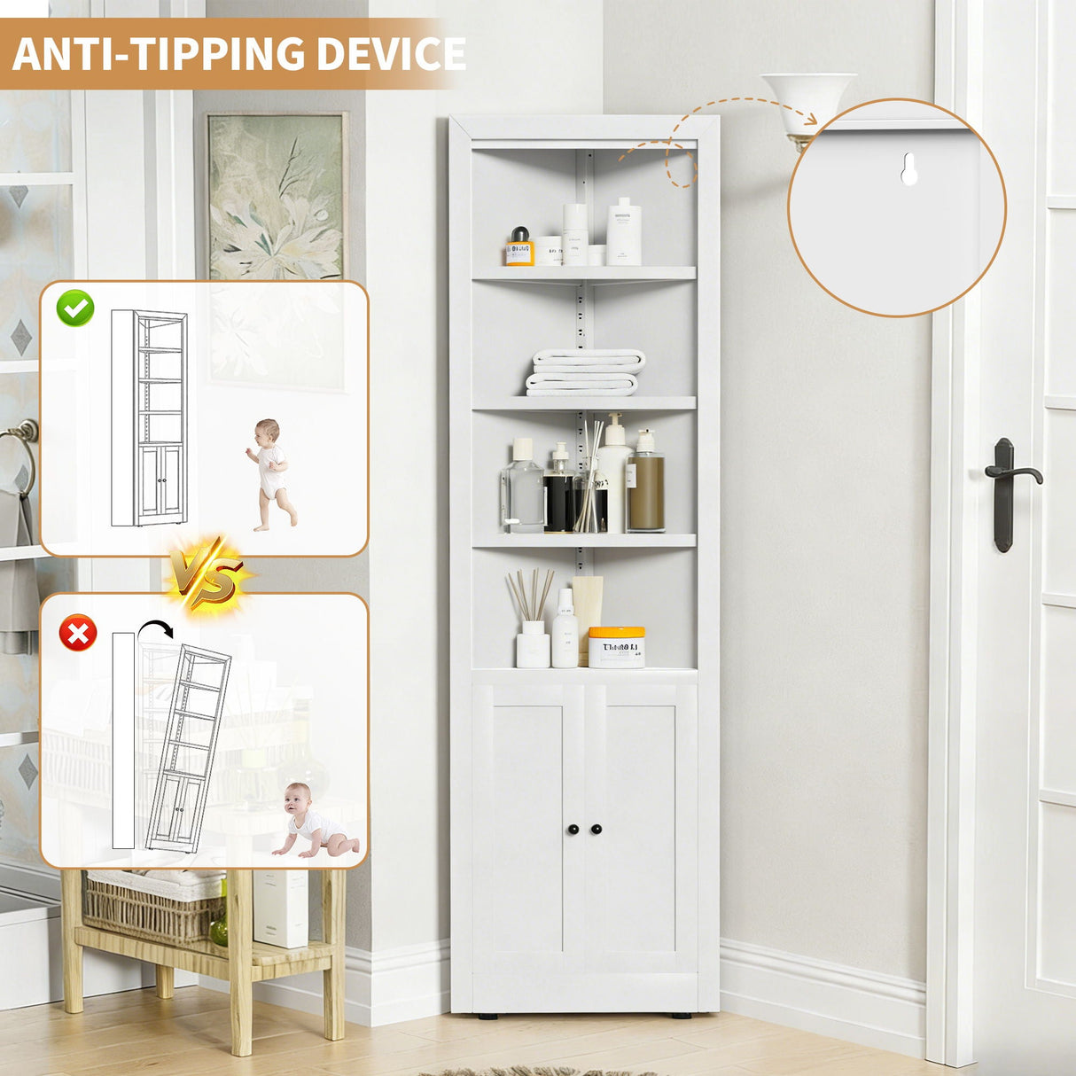Tall Corner Storage Cabinet With 2 Doors, 5-Tier With Adjustable Shelve, Freestanding - White