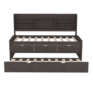 Captain Bed With Built In Bookshelves, 3 Storage Drawers, And Trundle