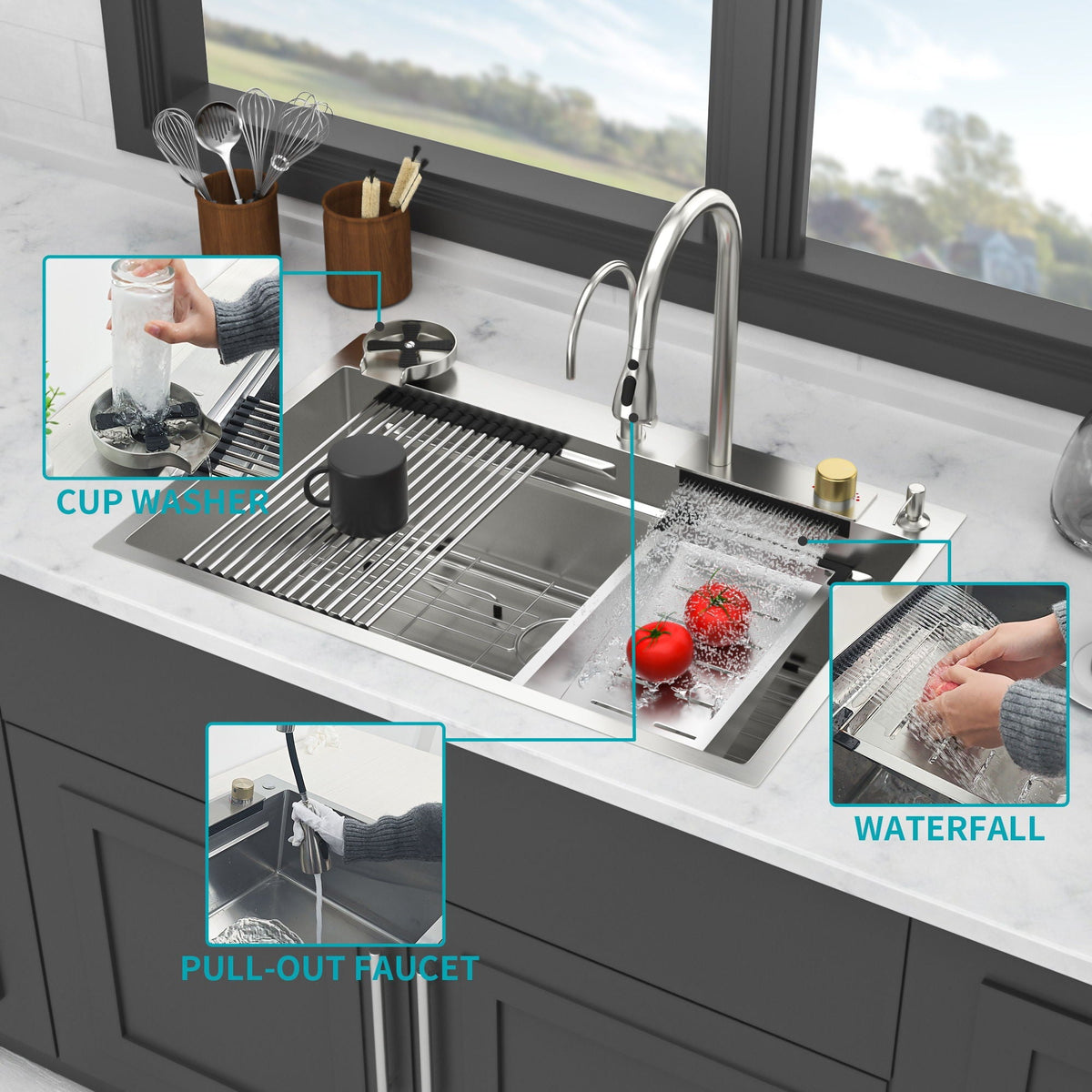 Waterfall Kitchen Sink With Pull Out Faucet & Cup Washer