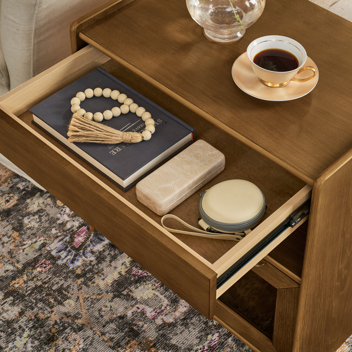 Mid Century Modern Nightstand with Charging Station & 2 Drawers