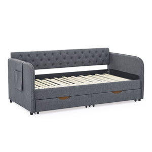 Daybed With Trundle And Storage Drawers, Flat Arms With Pocket