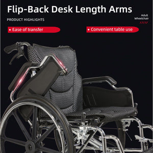 Lightweight Wheelchair Foldable For Adults, Manual Transport Chair With Double Brakes