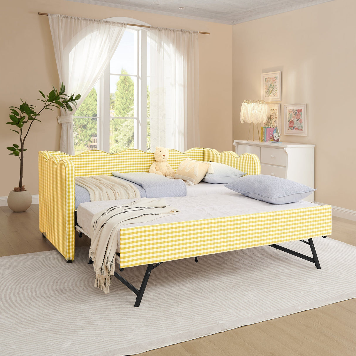 Cozy Gingham Daybed with Trundle Twin Size Sofa Bed No Box Spring Needed, with USB Port and Adorable Wave Shaped, Linen Fabric