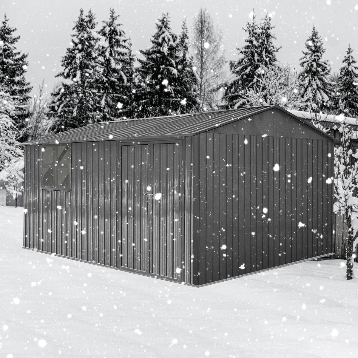 12x10 Ft Metal Garden Shed with Apex Roof and Shelving - Grey