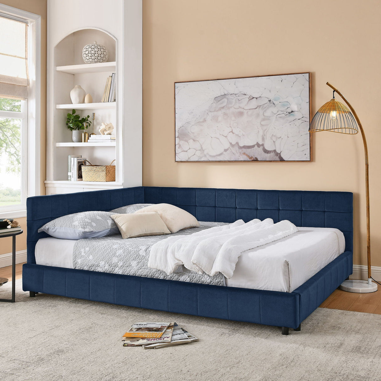 Mid-Century Storage Upholstered Tufted Bed Frame with Backrest and Armrests