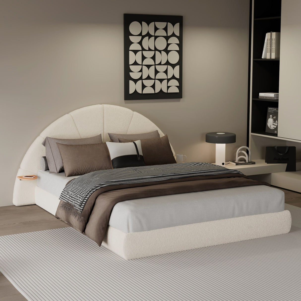 Queen Arched Bed With Small Table, Floor Standing Design - Beige