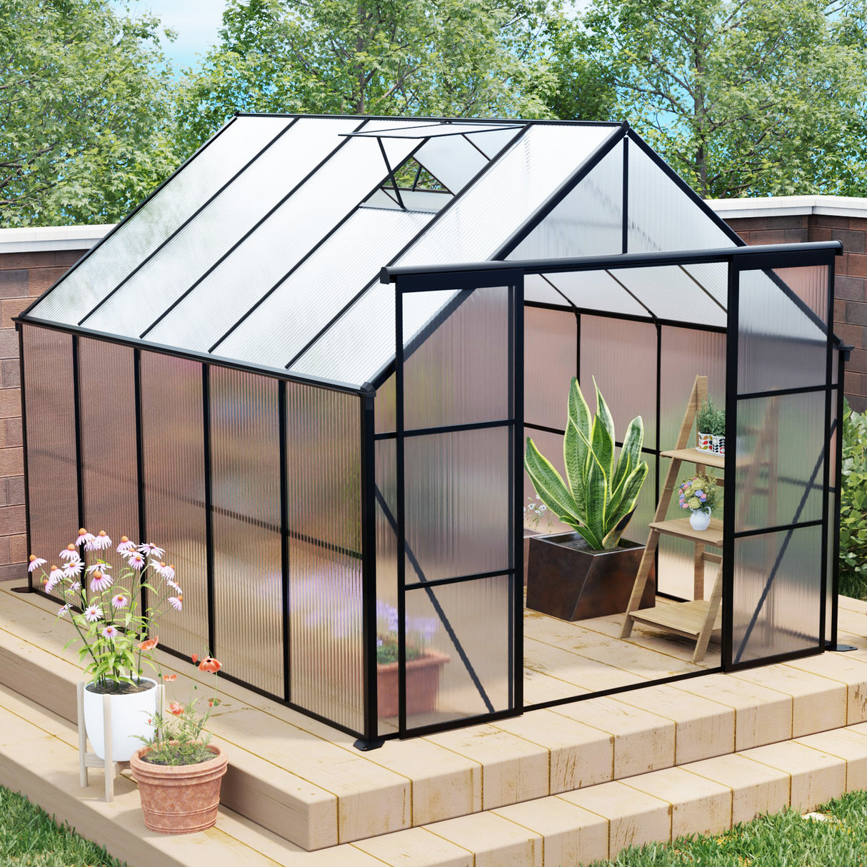 8x10ft double door polycarbonate greenhouse raised base and anchor aluminum heavy duty walk-in greenhouses for outdoor backyard in all season,black