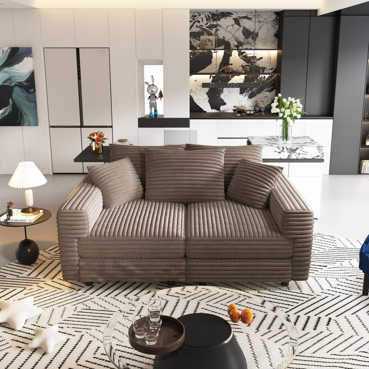Deep Seat Convertible Sofa With Soft Pillows And Ottomans