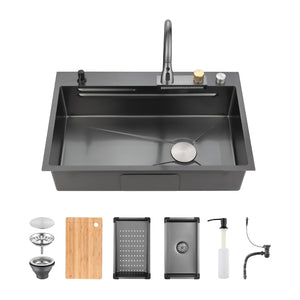 Waterfall Kitchen Sink, Stainless Steel Single Bowl