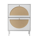 2-Door-Shoe-Rack,-Rattan,-Double-Layer,-Suitable-For-Living-Room,-Hallway-White-Shoe-Cabinets