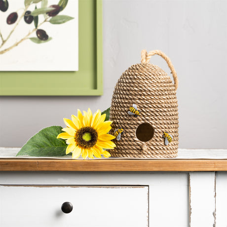 Hanging bee hive bird house with rope accent 8.5"h