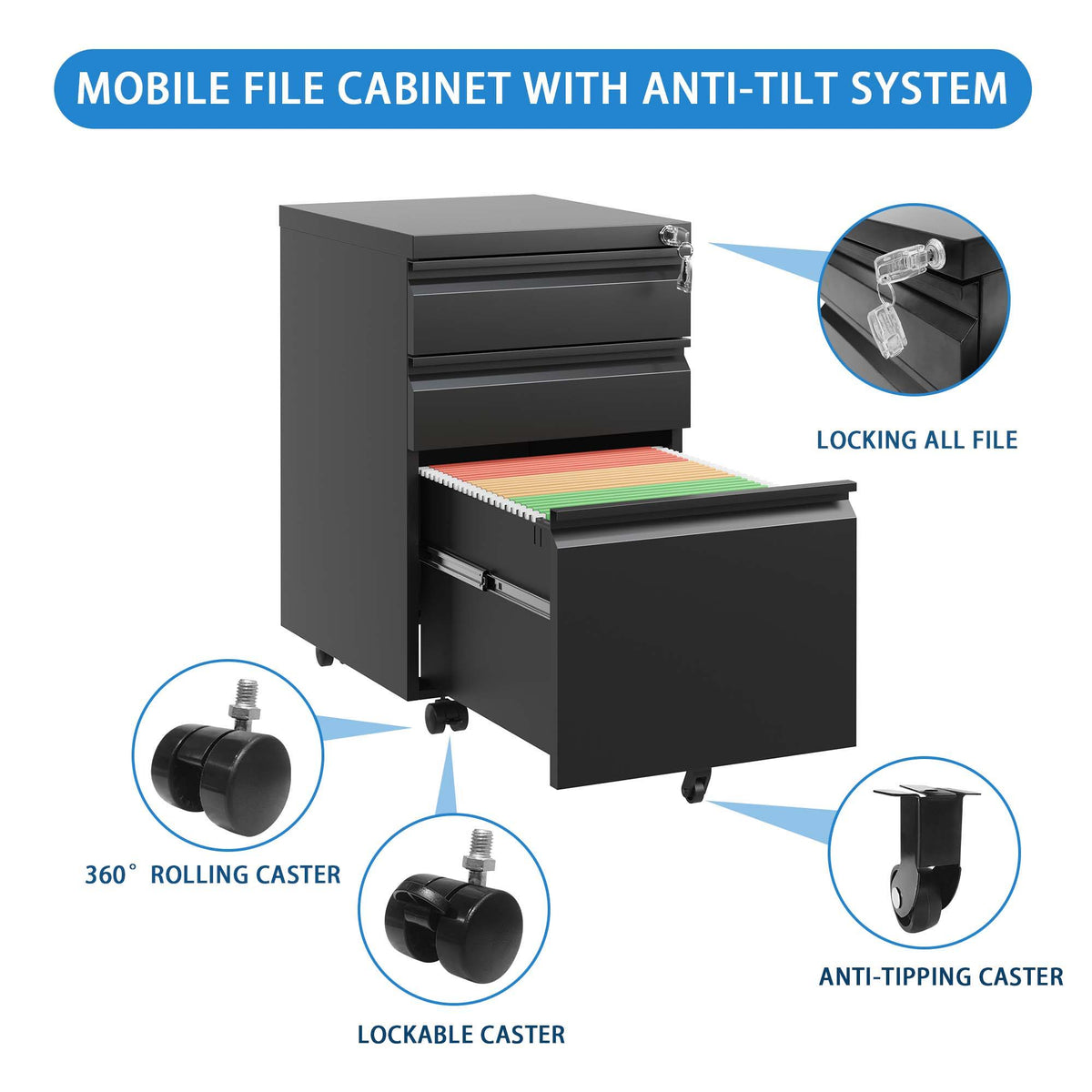 Metal Drawer Mobile File Cabinet With Lock For Home Office Organizer