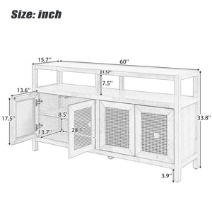 TREXM Bohemian Style Rattan Buffet Storage Cabinet with Solid Wood Frame