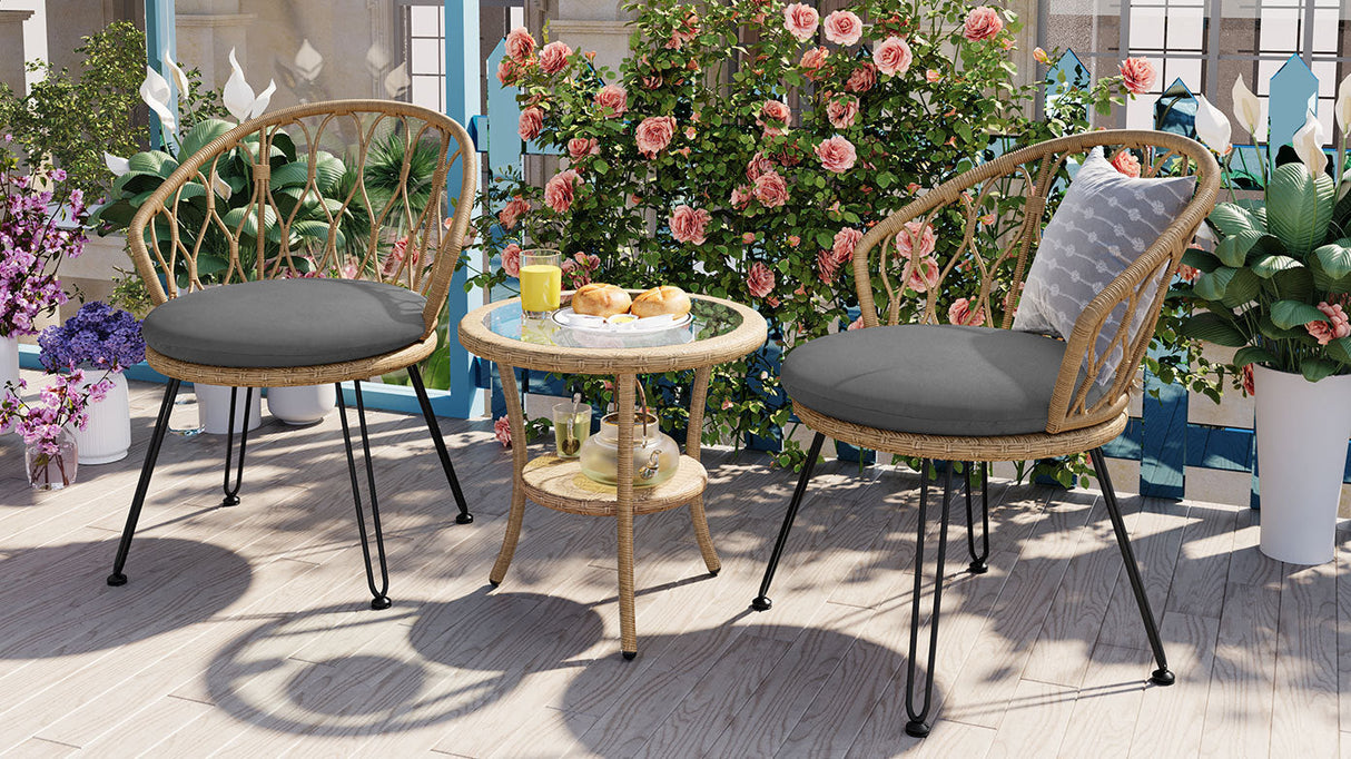 Outdoor Leisure Set with 2 Rattan Chairs & Glass Table