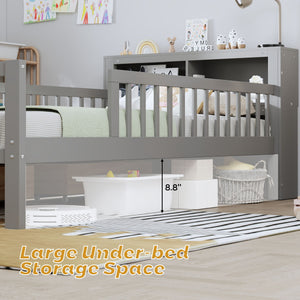 Bed With Headboard Storage Rack, 2 Under Bed Drawers, 3 Side Guardrails For Safety