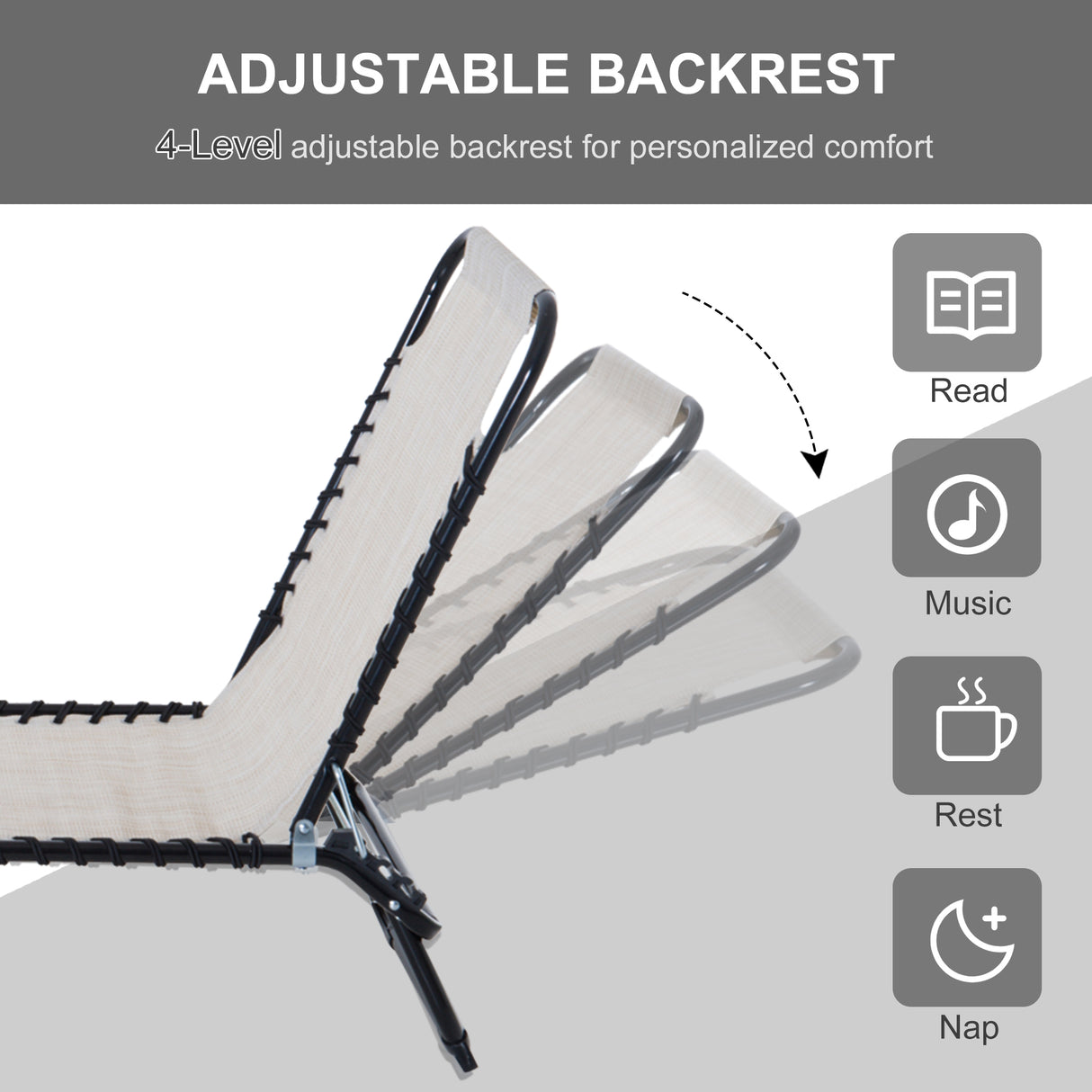 Folding chaise lounge with 4-position reclining back, breathable mesh seat