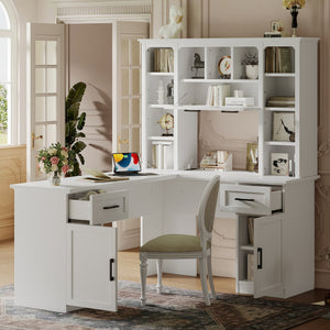 L-Shaped Computer Desk with 2 Cabinets and 2 Drawers