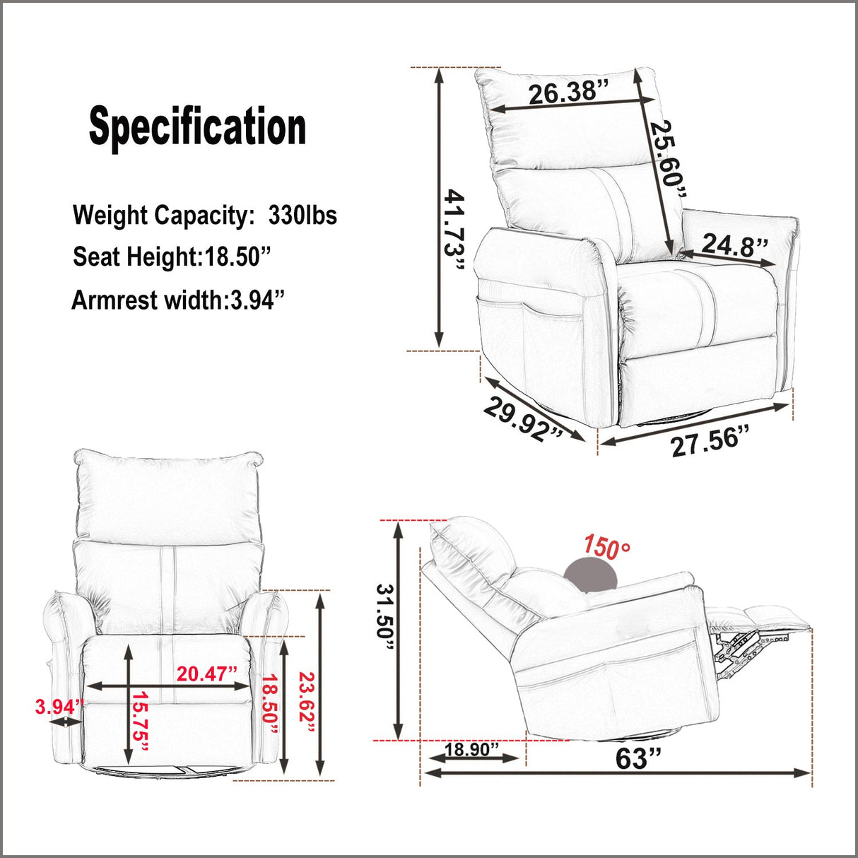 Multi-Motion Swivel Rocking Recliner with USB Charging